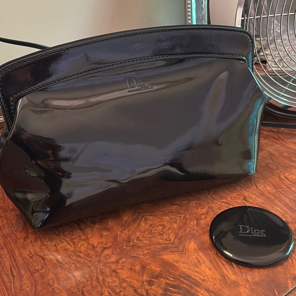 Dior Glossy Black Makeup Pouch Cosmetic Bag with Mirror RARE